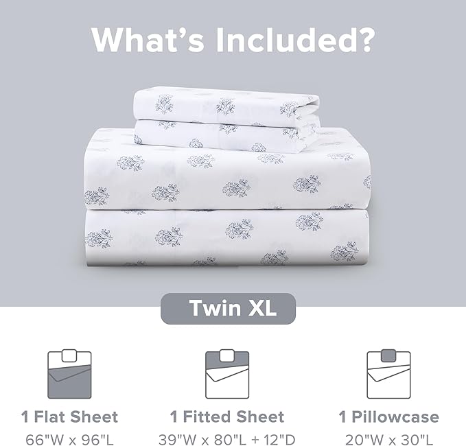 Comfort Spaces 100% Cotton Sheets Twin XL, Breathable, Naturally Cool Cotton Sheets, Soft Cotton Bed Sheets with 12" Elastic Pocket Fits up to 14" Mattress, All Seasons Sheet Set, Floral Blue 3 Piece