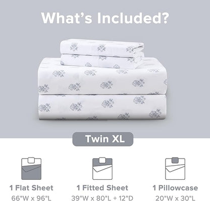 Comfort Spaces 100% Cotton Sheets Twin XL, Breathable, Naturally Cool Cotton Sheets, Soft Cotton Bed Sheets with 12" Elastic Pocket Fits up to 14" Mattress, All Seasons Sheet Set, Floral Blue 3 Piece