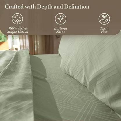 Threadmill Queen Sheet Set for Queen Mattresses | 800 Thread Count Jacquard Celine Sage Green | Better Than Egyptian Cotton | 4 Pc Bed Sheets | Elasticized Deep Pocket | 100% Cotton Sheets