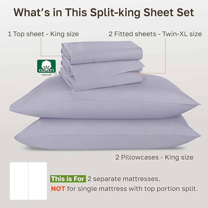 California Design Den 100% Cotton Sateen Split King Sheet Set - Luxury 800 Thread Count Bedding Set with Deep Pockets - Lavender