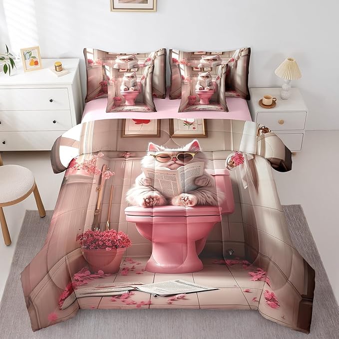 jejeloiu Cute Cat Bedding Set 7Pcs Full Size Kids Kawaii Kitten Comforter Set with Sheets for Boys Girls Pink Bed in a Bag Soft Lightweight,Microfiber
