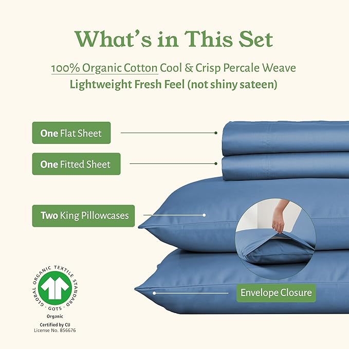 California Design Den Soft 100% Organic Cotton Bed Sheets King Size Set - Crisp and Cool Percale, Deep Pocket Organic Sheets with Anti-Skid Elastic, Breathable and Durable Bedding Set - Riviera Blue