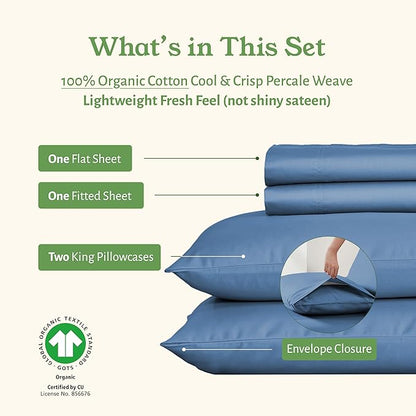 California Design Den Soft 100% Organic Cotton Bed Sheets King Size Set - Crisp and Cool Percale, Deep Pocket Organic Sheets with Anti-Skid Elastic, Breathable and Durable Bedding Set - Riviera Blue