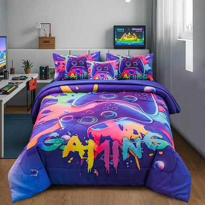Aimuan Gamer Gaming Bedding Sets 3D Gamepad Comforter Sets for Boys Games Console Action Buttons Novelty Colorful Game Controller Modern Room Decor Home Quilt Set (Purple, Full 6PCS)