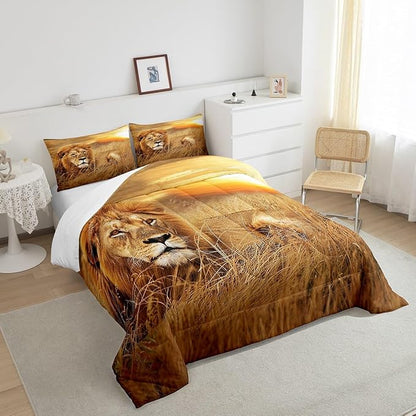 Lion Comforter Set Twin Size,3D Print Wild Animals Bedding Set for Teens Adult Men Room Decor,Natural Sunset View Quilt Set Rustic Prairie Duvet Insert 2pcs with 1 Pillowcase