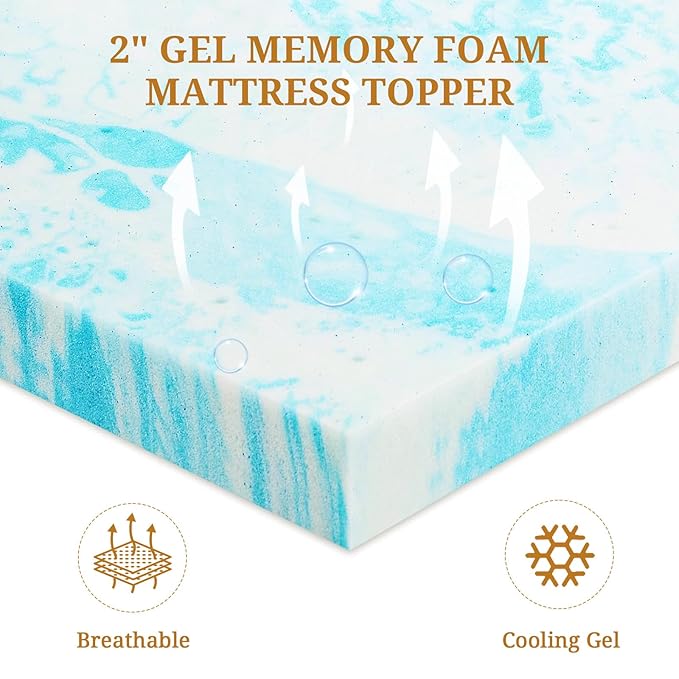 Mattress Topper Twin, 2 Inch Gel Infused Memory Foam Mattress Topper, Pressure Relief, Mattress Pad, Breathable Bed Topper, CertiPUR-US Certified