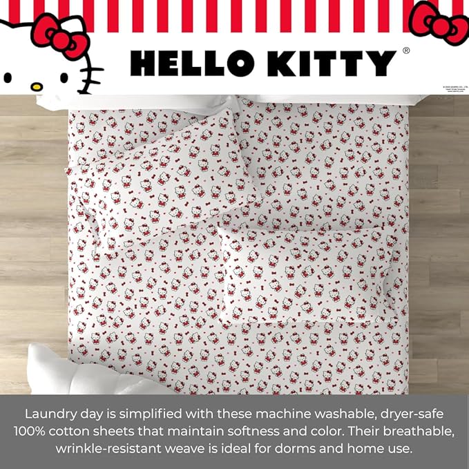 Collectibles Hello Kitty Bedding Super Soft Cotton 3 Piece Twin XL Sheet Set, College Dorm Essentials (Officially Licensed Product) by Franco