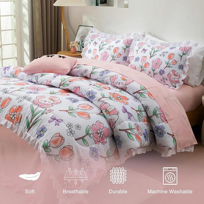 A Nice Night 6 Piece Comforter Set Bed in a Bag with Comforter & Sheet Set,Chic Cute Rabbits Bow Printed Bedding Sets,Princess Ruffle Bedding for Kids Girls,Queen