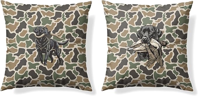 Vintage Camo Labrador Retriever Mallard Duck Throw Pillow Covers 18x18 Set of 2, Dog Hunting Pillowcase, Camouflage Farm Animal Decorative Pillow Covers,Camouflage Wild Animal Decor（85）