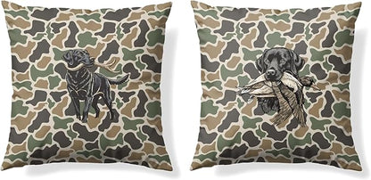 Vintage Camo Labrador Retriever Mallard Duck Throw Pillow Covers 18x18 Set of 2, Dog Hunting Pillowcase, Camouflage Farm Animal Decorative Pillow Covers,Camouflage Wild Animal Decor（85）