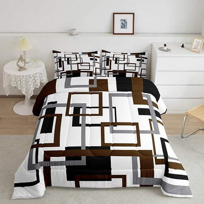 Erosebridal Geometric Comforter Set for Adult,Vintage Black and Grey Brown Bedding Set Full Size,Modern Farmhouse Quilt Set Home Room Decor,Grid Pattern Duvet Insert with 2 Pillow Shams All Season