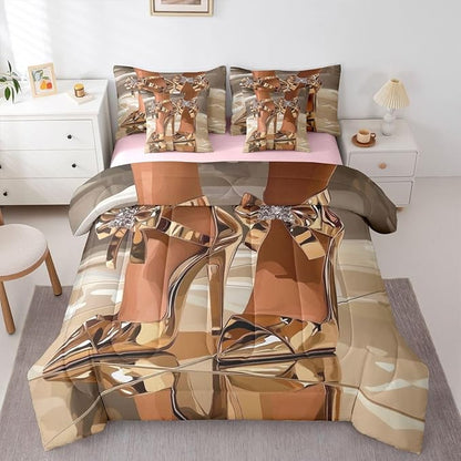Erosebridal High-Heels Girlish Girls 7 Piece Bedding Set Full Size Romantic Fashion Comforter Sets Fashionable Gorgeous Sheet Set for Kids Children Women Bedroom Modern Minimalist Gold Bed in A Bag