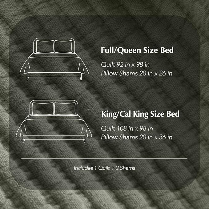 EVERGRACEHOME Cotton Coverlet Set King Size 3 Pieces, Lightweight Soft Ribbed Matelassé Bedspread Quilt Set, Cozy Oversized Quilted Bedding Set with 2 Pillow Shams for All Seasons, Olive Green