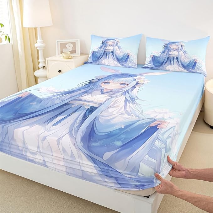 Erosebridal Traditional Japanese Fitted Sheet, Kawaii Decor Anime Girl Sheets, Blue Butterfly Decor Twin Bed Set, 1 Fitted Sheet 1 Pillowcase