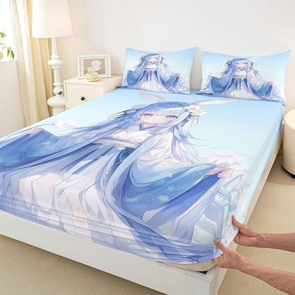 Erosebridal Traditional Japanese Girl Fitted Sheet Kawaii Decor, 3D Anime Gifts Sheets Cartoon Japanese Girl Bed Set, Blue Butterfly Decorations Bed Sheets Full, 1 Fitted Sheet 2 Pillowcases