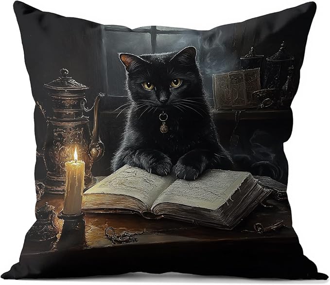 Witchy Black Cat Reading Book Throw Pillow Covers 18x18, cat Gifts for Women,Dark Cottagecore Flower Decor, Gothic Moody Black Kitten Pillowcase，Aesthetic Black Cats Vintage Cats Decor