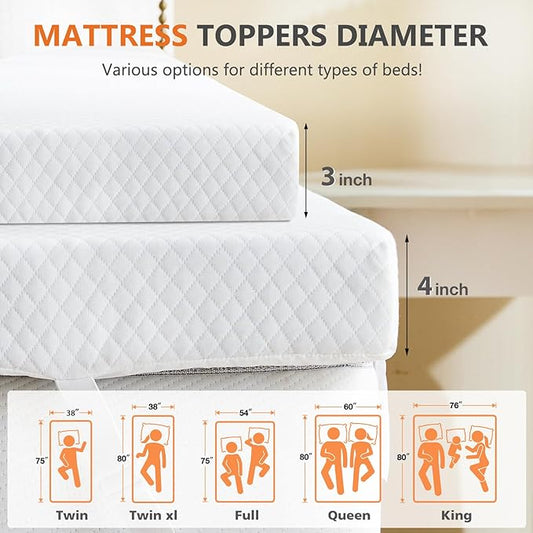 Sweetcrispy Mattress Topper Queen with Removable Soft Cover, Memory Foam 4 Inch Thick Gel Infused Cooling Toppers Pad for Queen Size Bed, Sleeper Sofa, RV, Camper, CertiPUR US Certified