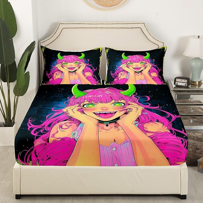 Erosebridal Anime Girl Bed Sheets Full Size, Japanese Anime Fitted Sheet for Kids Boys Teens Bedroom Decor, Cartoon Girl Bedding Set Kawaii Japanese Animation Bed Set with 2 Pillow Cases