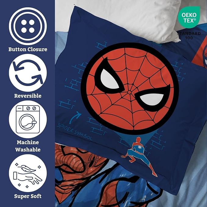 Jay Franco Kids Duvet Cover Set – 2 Piece Super Soft Bedding with Sham Pillowcase, Cover ONLY Comforter Not Included, Blue - Spiderman, Twin