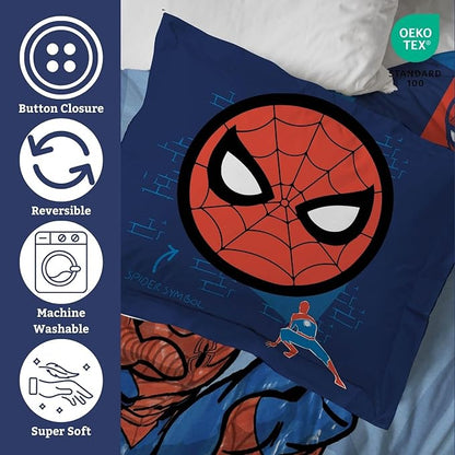 Jay Franco Kids Duvet Cover Set – 3 Piece Super Soft Bedding with Sham Pillowcase, Cover ONLY Comforter Not Included, Blue - Spiderman, Full
