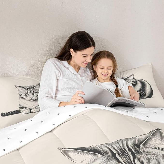 Erosebridal Kitten Bedding Set Twin Size Sketch Cat Comforter Set for Kids Boys Girls 3D Kawaii Pet Animal Cute Beige Grey Comforter Warm Soft Quilt Insert