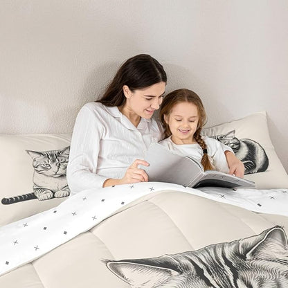 Erosebridal Kitten Bedding Set Queen Size Sketch Cat Comforter Set for Kids Boys Girls 3D Kawaii Pet Animal Cute Beige Grey Comforter Warm Soft Quilt Insert
