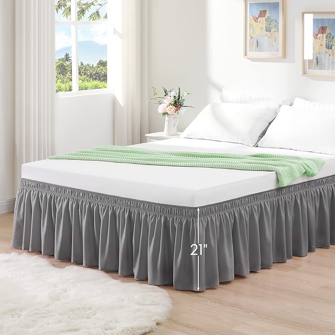 RIMELA Light Grey Bed Skirt Queen Size 21 Inch Drop, Elastic Bed Skirting for Bed Base and Frame, Bedding Dust Ruffle Easy to Install, Lightweight Wrap Around Adjustable Bedskirt