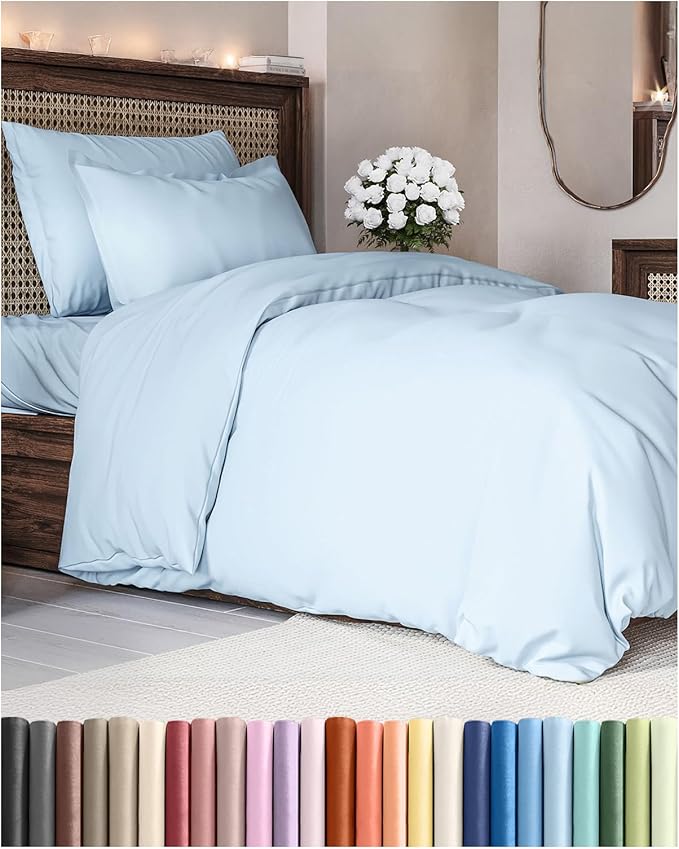 Duvet Cover Twin/Twin XL Size Set - Extra Soft Twin/Twin XL Duvet Cover 68" x 90" with 1 Pillow Sham - Hotel Luxury, Easy Care, Fade Free w/ Zipper Closures & Ties - Comfy & Breathable (Light Blue)