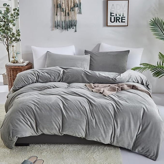 CLOTHKNOW Grey Velvet Comforter Set Twin/Twin XL 3Pcs Gray Fluffy Bedding Comforter Sets Gray Comforter Twin Sets Soft Grey Comforter Sets