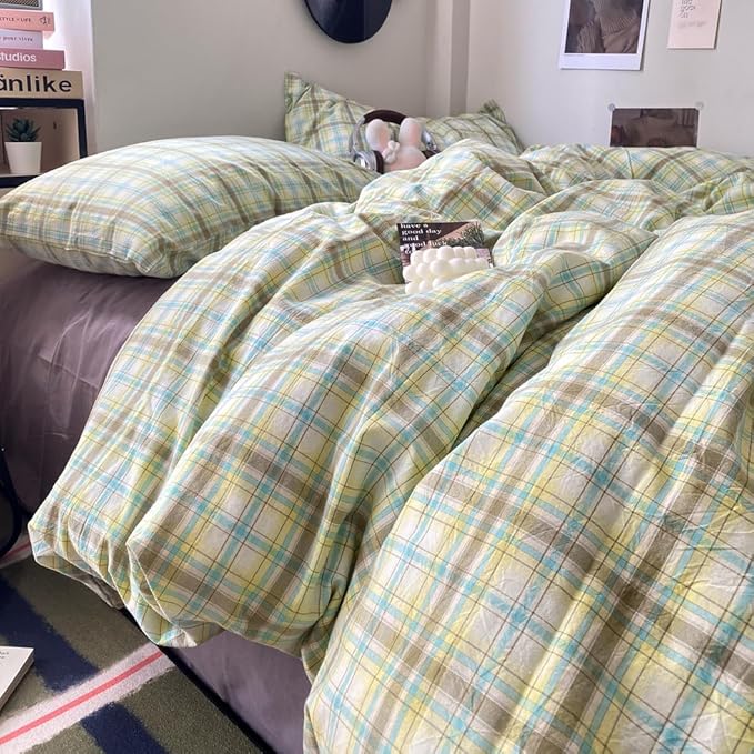 EAVD Multicolor Buffalo Plaid Duvet Cover King Soft 100% Washed Cotton Reversible Grid Checkered Plaid Bedding Set Vintage Gingham Duvet Cover with 2 Pillowcases Modern Checkered Bedding Set
