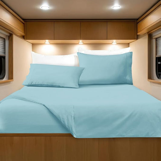 Elegant Comfort Luxurious 1500 Premium Hotel Quality Microfiber Three Line Embroidered Softest 4-Piece Bed Sheet Set, Wrinkle and Fade Resistant, RV Short Queen, Aqua