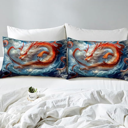Feelyou Dragon Monster Bedding Set Full Size Red Mighty Dragon Duvet Cover for Adult Kids Boys Girls Classical Monster Comforter Cover Set Wild Animal Bedspread Cover 3Pcs Zipper