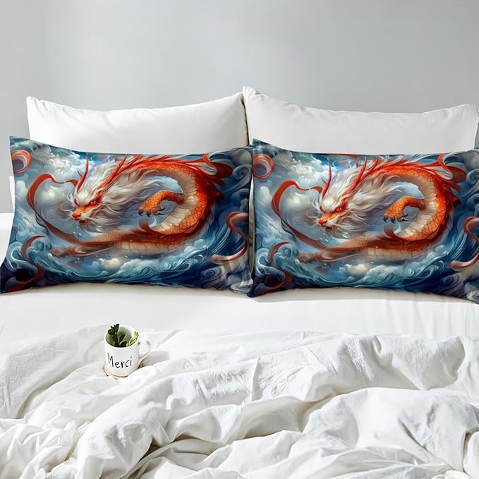 Feelyou Dragon Monster Bedding Set Queen Size Red Mighty Dragon Duvet Cover for Adult Kids Boys Girls Classical Monster Comforter Cover Set Wild Animal Bedspread Cover 3Pcs Zipper