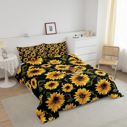Feelyou Sunflower Bedding Set Girls Yellow Floral Butterfly Comforter Chic Flowers Pattern Comforter Set for Kids Teens Botanical Nature Duvet Set Ultra Soft Room Decor Full Size…