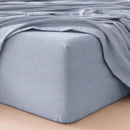 MooMee Fitted Bottom Sheet Only 100% Washed Cotton Linen Like Textured Breathable Durable Soft Comfy Deep Pocket Fits Mattress up to 17" (Cornflower Blue, California King)