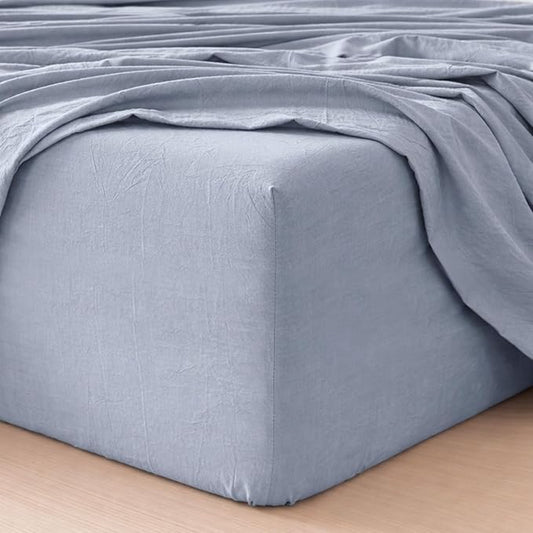 MooMee Fitted Bottom Sheet Only 100% Washed Cotton Linen Like Textured Breathable Durable Soft Comfy Deep Pocket Fits Mattress up to 17" (Cornflower Blue, California King)