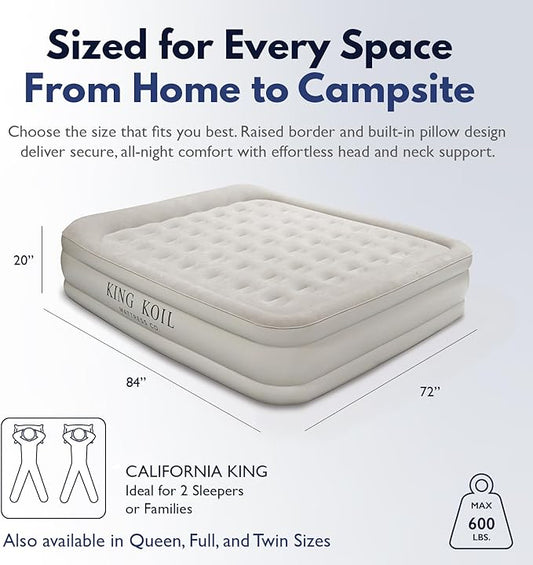 King Koil Luxury California King Air Mattress with Built-in Pump for Home, Camping & Guests - 20” King Size Inflatable Airbed Luxury Double High Adjustable Blow Up Mattress, Durable Waterproof