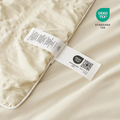 Cozy Bliss Cooling Comforter Seersucker Plaid Twin Size, Q-Max 0.45 Lightweight Cooling Blanket, Breathable Silk Smooth Summer Bedding Quilt for Hot Sleepers Night Sweats Khaki