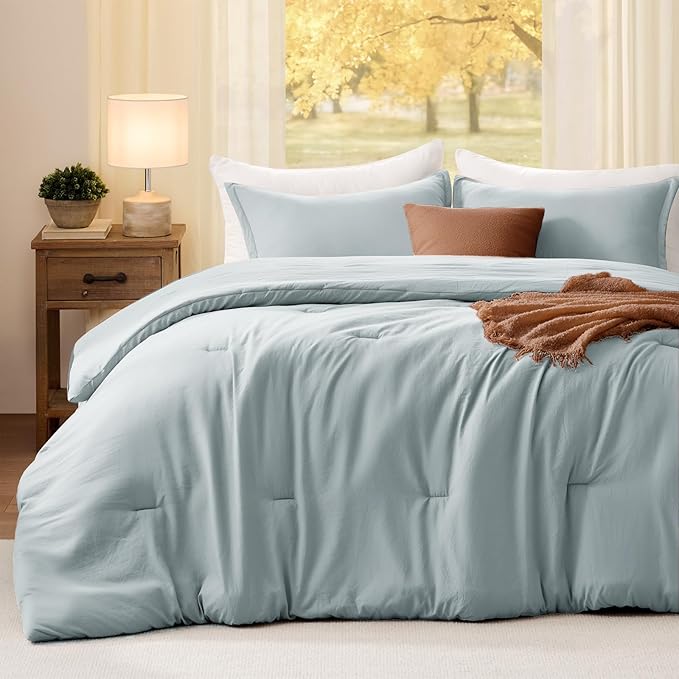 Oversized Queen Comforter Set Mist Blue, Extra Length Fit for Thick Mattresses,3PCS Bedding Comforter for All Season, Oversized Queen Size(98''×98'' Comforter & 2 Pillowcases)