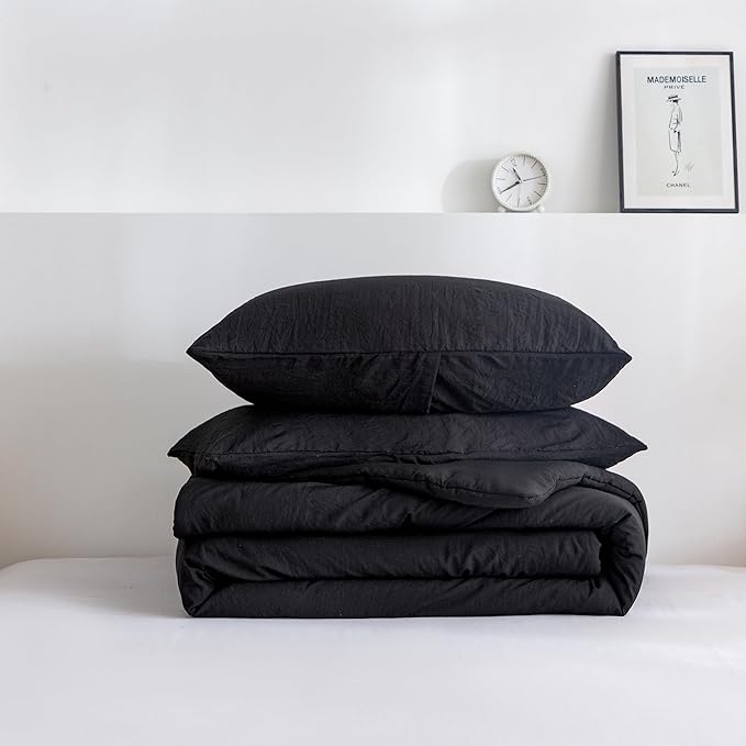 COTTEBED Ultra-Soft Black Comforter King, Cozy Softness Solid Chic Washed PolyCotton Microfiber, California King Size Bedding Down Comforter Blanket Set and Pillowcase, Lightweight But Warm All Season