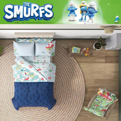The Smurfs Kids Bedding Super Soft & Cozy Reverisble Microfiber Comforter and Sheet Set with Sham, 5 Piece Twin Size, (Officially Licensed Product) By Franco