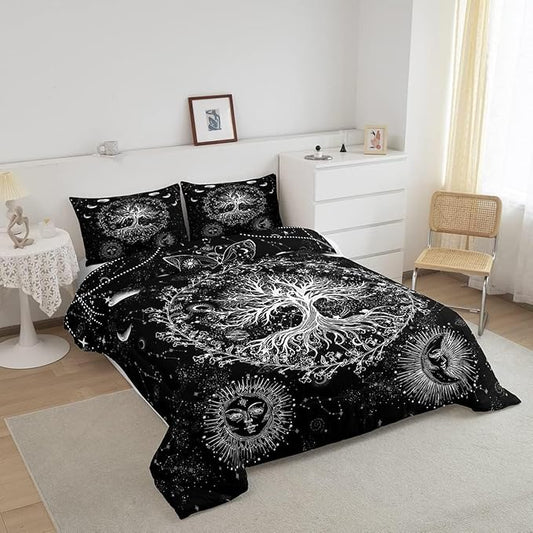 Feelyou Sun and Moon Comforter Bohemian Tree Butterfly Style Bedding Set Psychedelic Hippie Comforter Set for Boys Girls Children Teens Bedroom Decor Galaxy Astrology Duvet Set Toddler Size