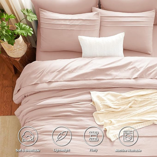 CozyLux King Size Comforter Set Pink, 7 Pieces Soft Pinch Pleat Bed in a Bag King Comforter Set with Sheets, Boho Bed Set with Down Alternative Comforter, Sheets, Pillowcases & Shams