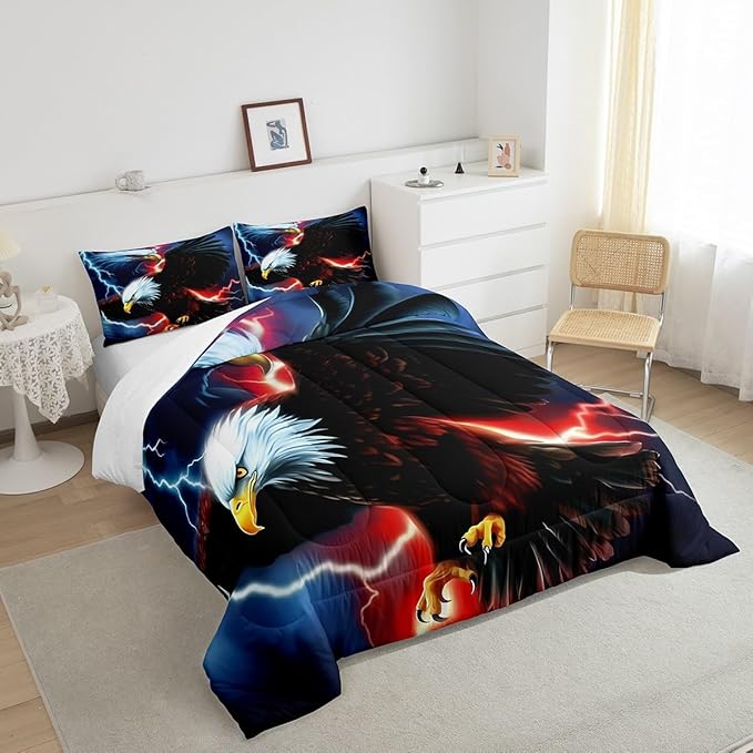 American Flag Eagle Comforter Set King Size,Lightning Night Bedding Set 3pcs,Kids Girls Boys Adult Room Decor,Wild Animals Theme Duvet Insert Vintage Cool Quilted Duvet Set with 2 Pillowcases