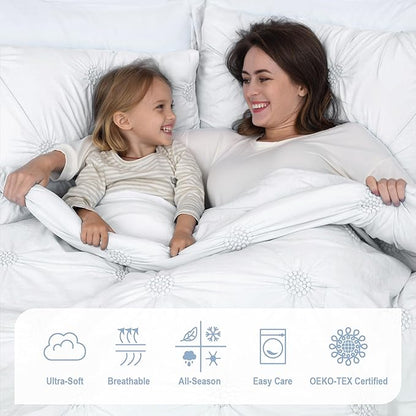 Swift Home King White 3-Piece Down Alternative Comforter Set Bedding Ruched 3D Floral Pintuck All-Season, Machine Washable