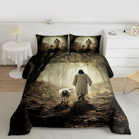 Castle Fairy Mysterious Jungle Comforter Set Toddler Size,Sheep Print Bedding Set for Kids Teens,Wild Animals Down Comforter,2 Pcs 1 Pillowcase