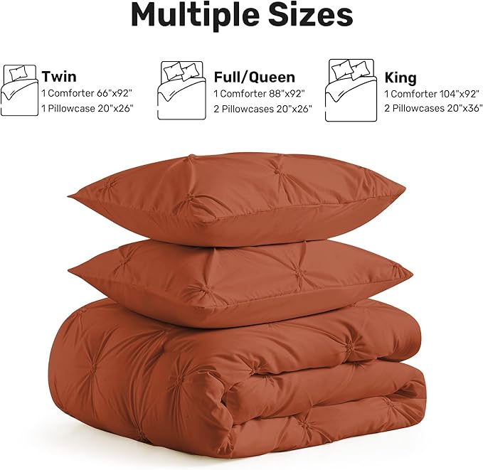 UNIKOME King Size Comforter Set Burnt Orange - Ultra Soft Boho Pintuck Down Alternative Bedding Set for All Seasons, 3 Pieces Lightweight Warm Pinch Pleat Bed Set with Comforter, 2 Pillowcases