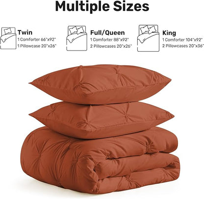 UNIKOME King Size Comforter Set Burnt Orange - Ultra Soft Boho Pintuck Down Alternative Bedding Set for All Seasons, 3 Pieces Lightweight Warm Pinch Pleat Bed Set with Comforter, 2 Pillowcases