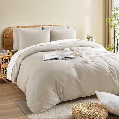 NEXHOME PRO 100% Washed Cotton Duvet Cover King Size, Ogranic Natural Linen Feel Breathable Bedding Set with Zipper Closure, 3 Pieces Duvet Cover Set Linen (No Comfortert) 10490