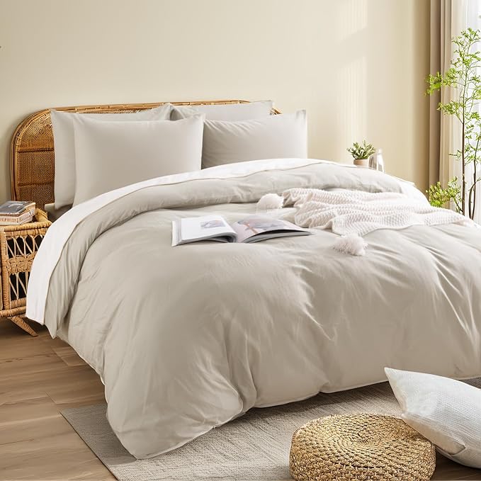 NEXHOME PRO 100% Washed Cotton Duvet Cover Queen Size, Ogranic Natural Linen Feel Breathable Bedding Set with Zipper Closure, 3 Pieces Duvet Cover Set Linen (No Comfortert) 9090